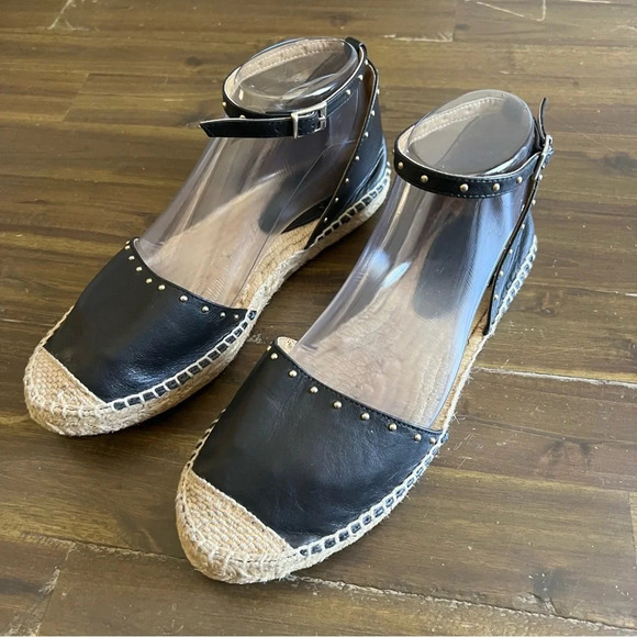 Oficce Studde Flat Espadrilles Black  Leather Sandals - Picture 6 of 12